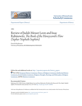 Review of Judah Messer Leon and Issac Rabinowitz, the Book of the Honeycomb's Flow (Sepher Nopheth Suphim) David B