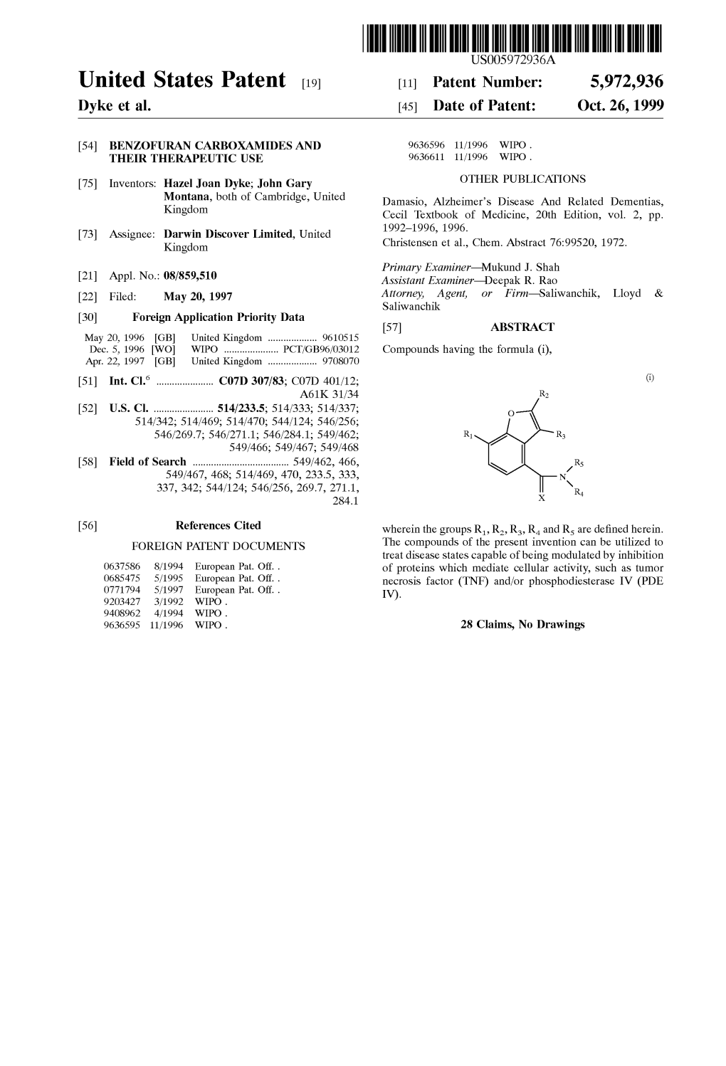 United States Patent (19) 11 Patent Number: 5,972,936 Dyke Et Al