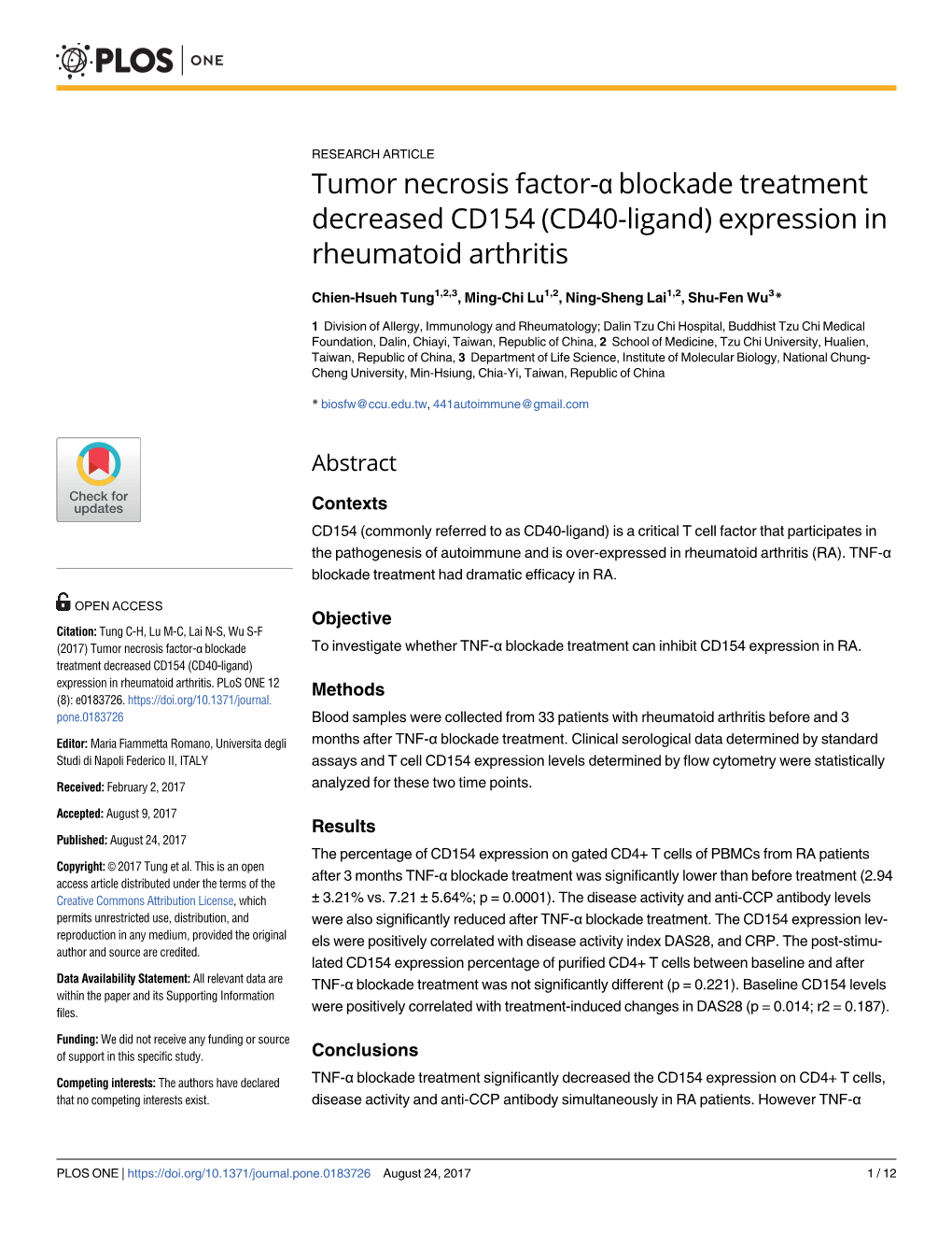 Tumor Necrosis Factor-Α Blockade Treatment Decreased CD154 (CD40-Ligand) Expression in Rheumatoid Arthritis
