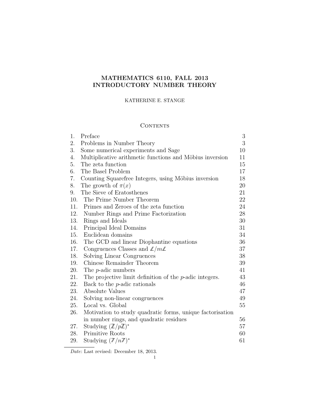 Mathematics 6110, Fall 2013 Introductory Number Theory