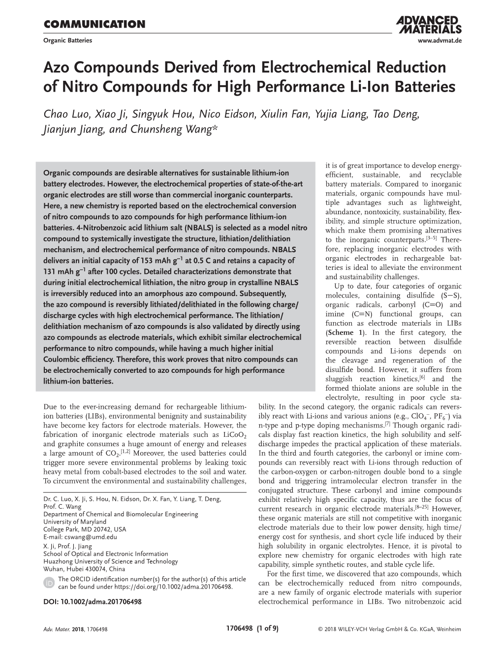 Azo Compounds Derived from Electrochemical Reduction of Nitro Compounds for High Performance Li-Ion Batteries