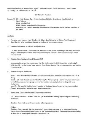 Minutes of a Meeting of the Newcastle Higher Community Council Held in St John's Church, Aberkenfig on Tuesday 8Th April 2014