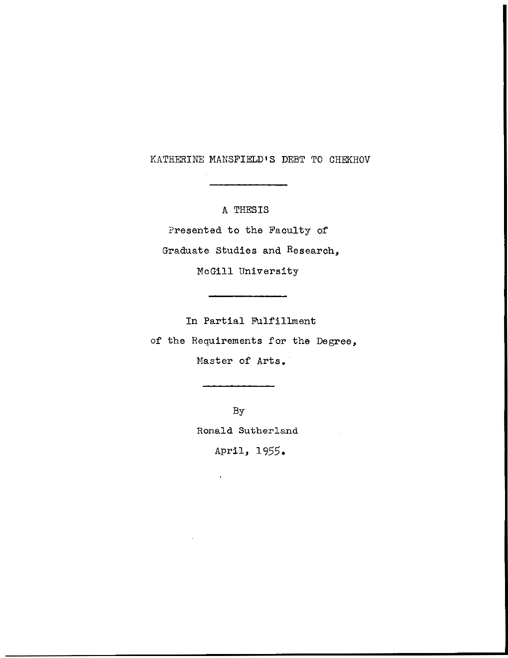 Katherlne MANSFIELD's DEBT to CHEKHOV a THESIS By