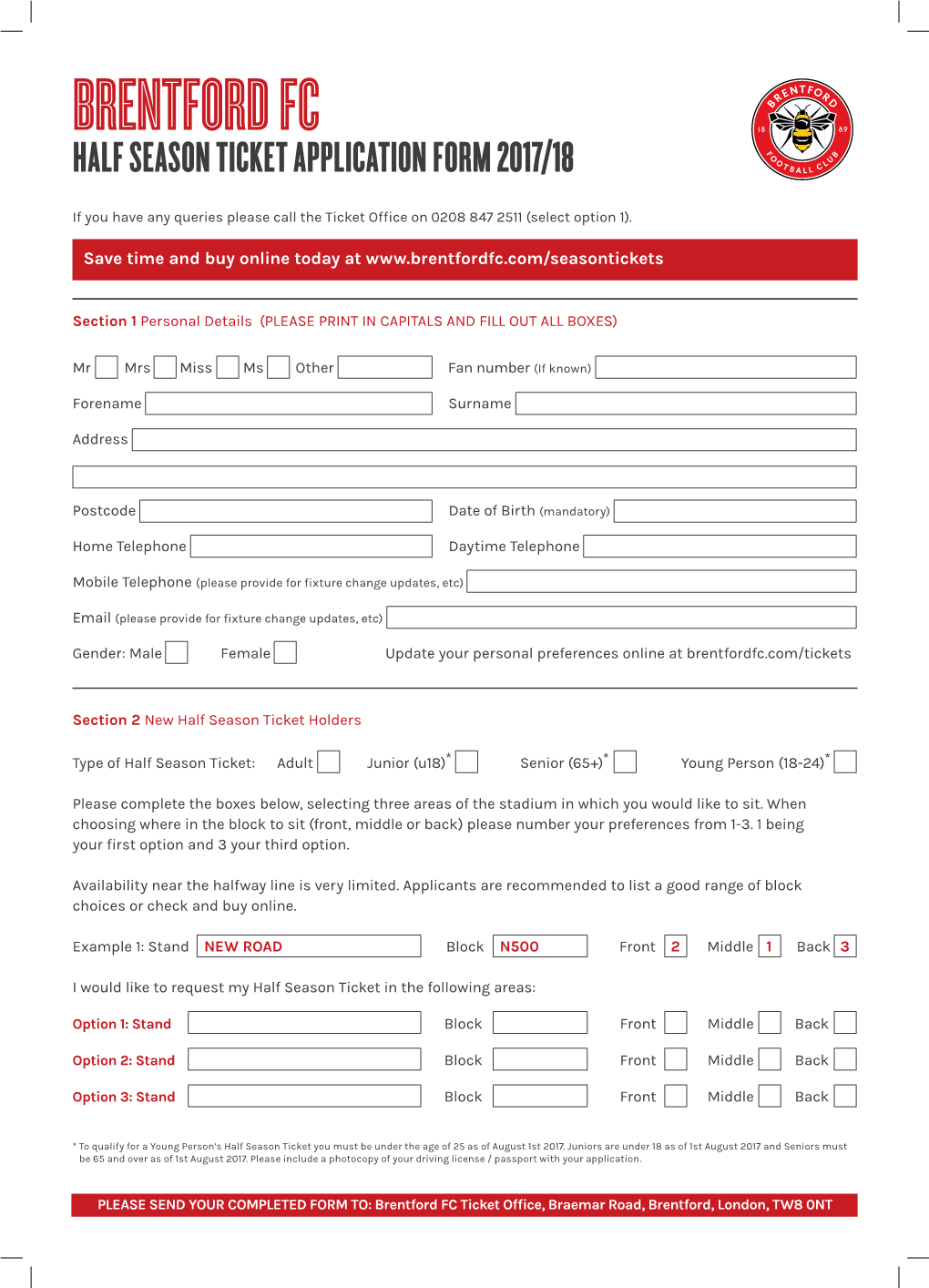 Brentford Fc Half Season Ticket Application Form 2017/18