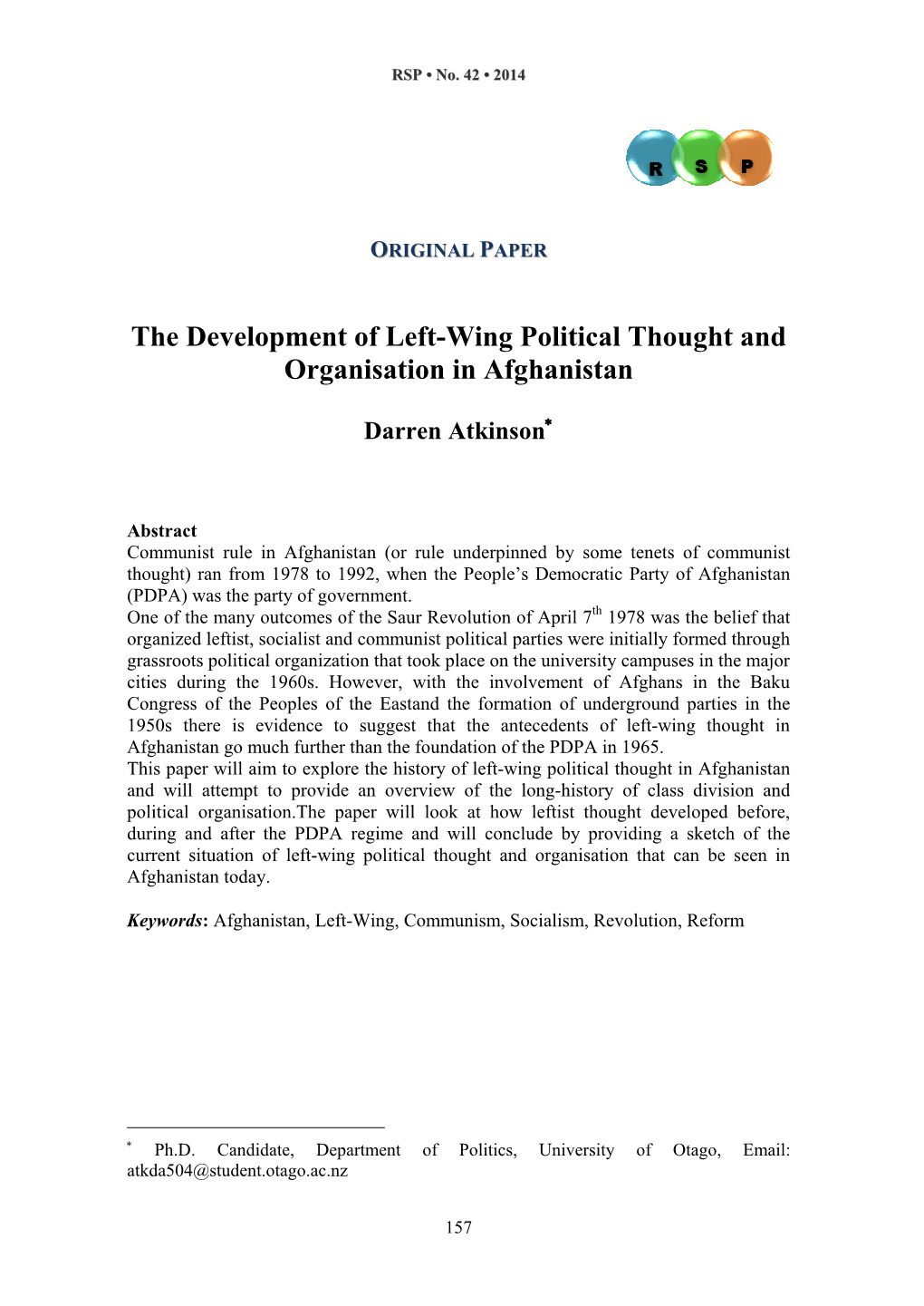 The Development of Left-Wing Political Thought and Organisation in Afghanistan