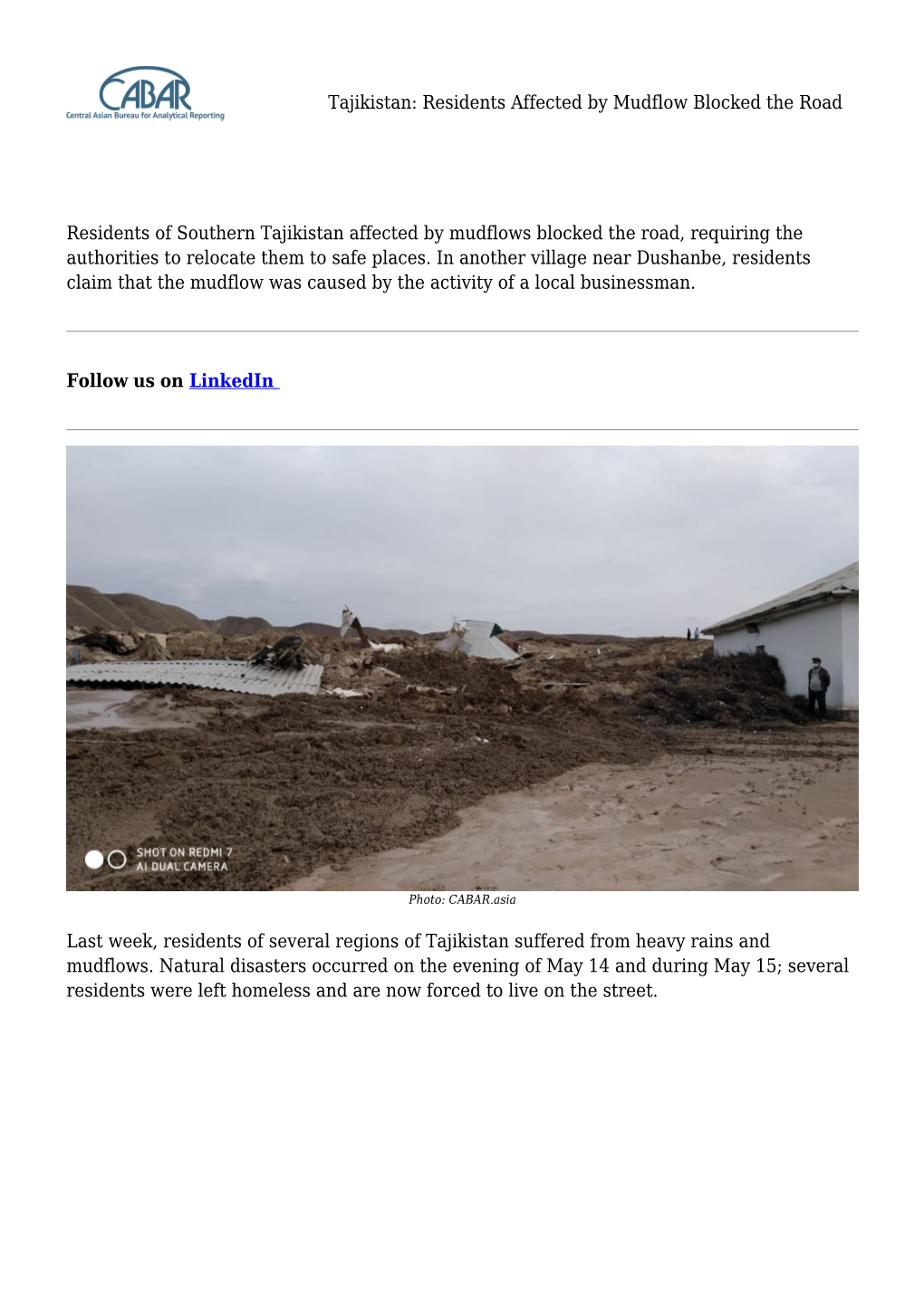 Tajikistan: Residents Affected by Mudflow Blocked the Road