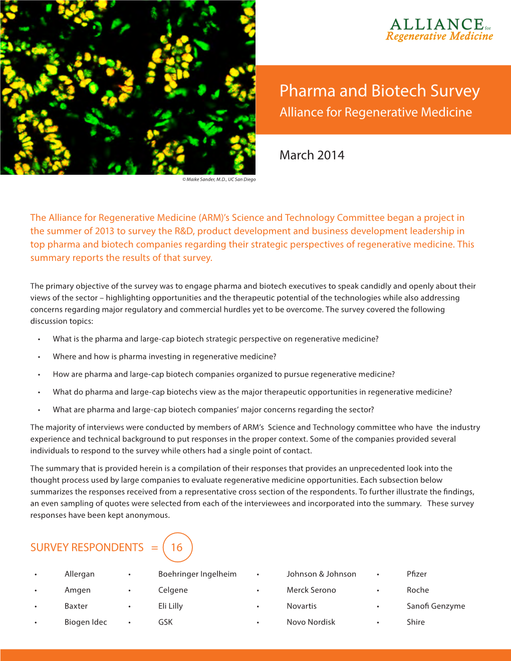 Pharma and Biotech Survey Alliance for Regenerative Medicine