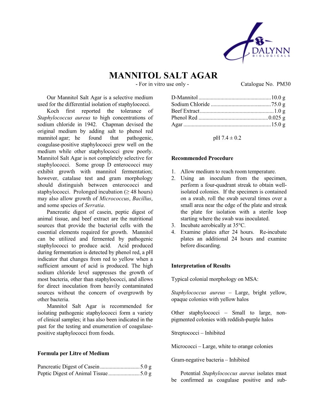 MANNITOL SALT AGAR - for in Vitro Use Only - Catalogue No