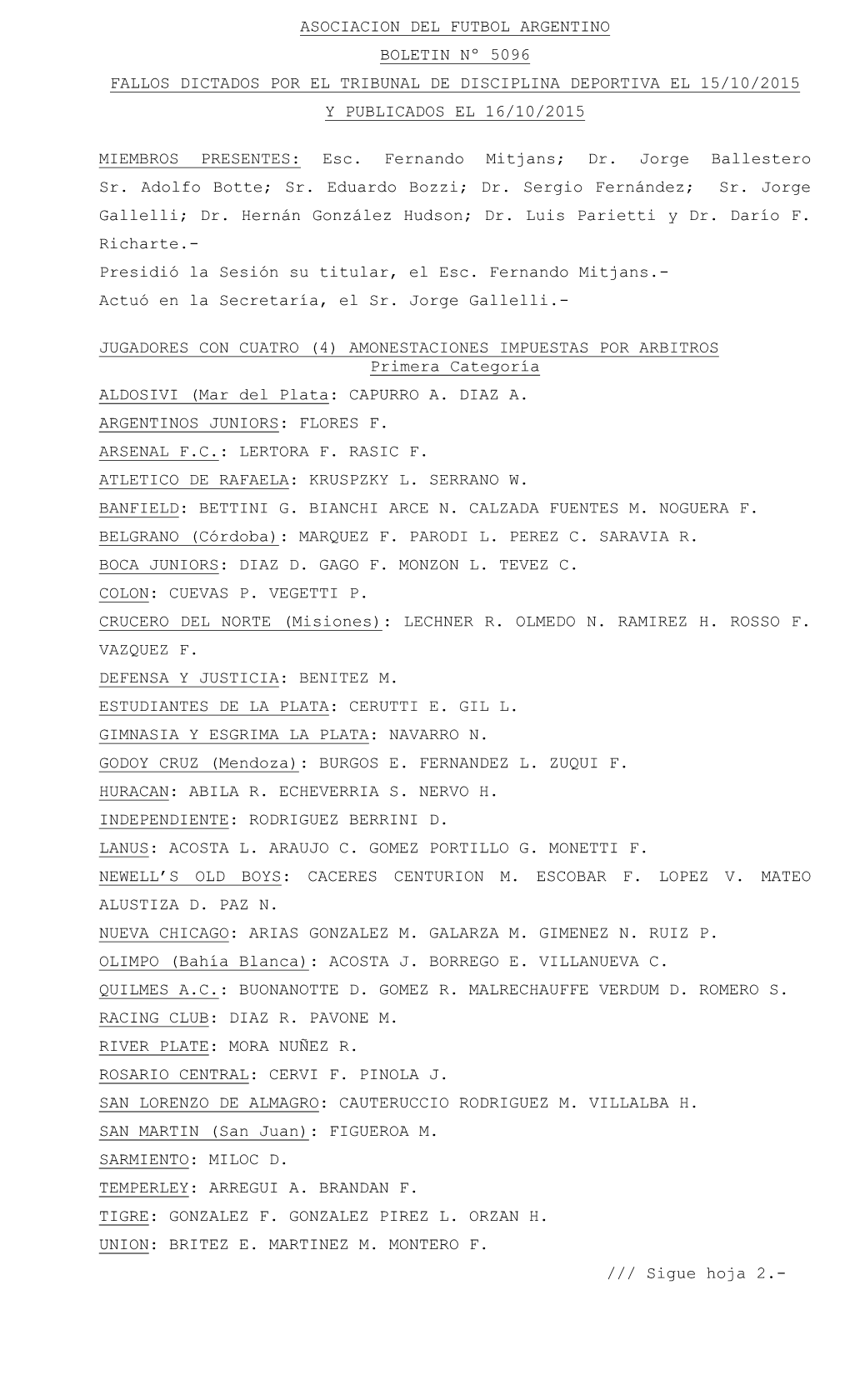 Sigue Hoja 2.- ASOCIACION DEL FUTBOL ARGENTINO BOLETIN Nº