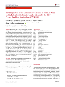 Downregulation of the Complement Cascade in Vitro, in Mice and in Patients with Cardiovascular Disease by the BET Protein Inhibitor Apabetalone (RVX-208)