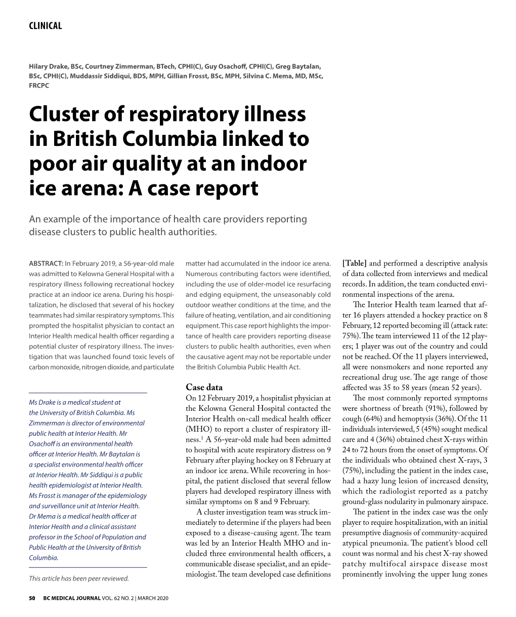 Cluster of Respiratory Illness in British Columbia Linked to Poor Air Quality at an Indoor Ice Arena: a Case Report
