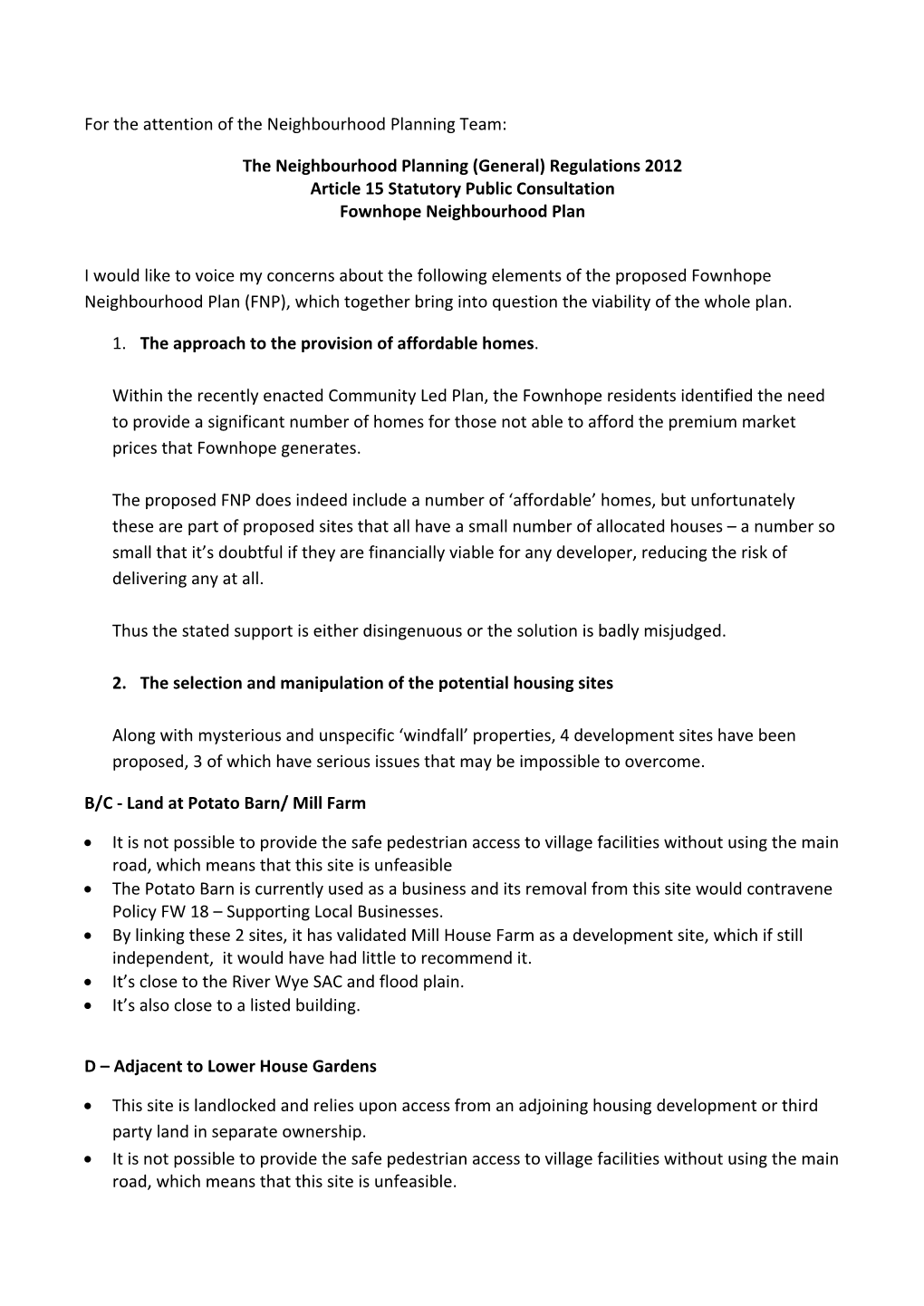 Fownhope Neighbourhood Plan Representations Received During Submission Consultation