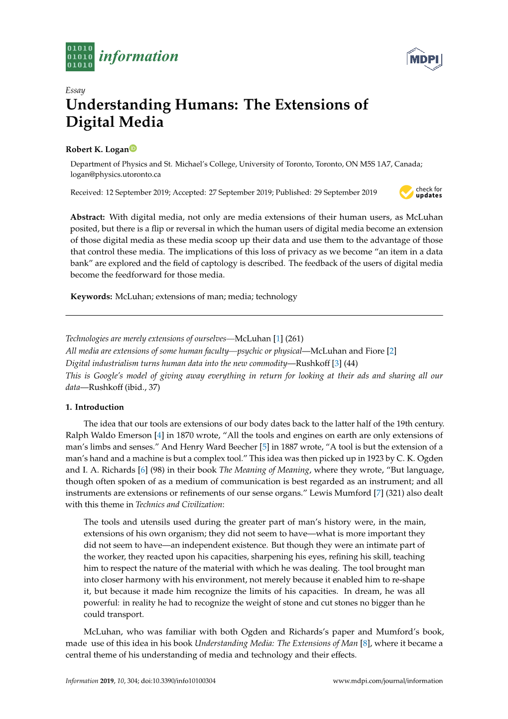 Understanding Humans: the Extensions of Digital Media