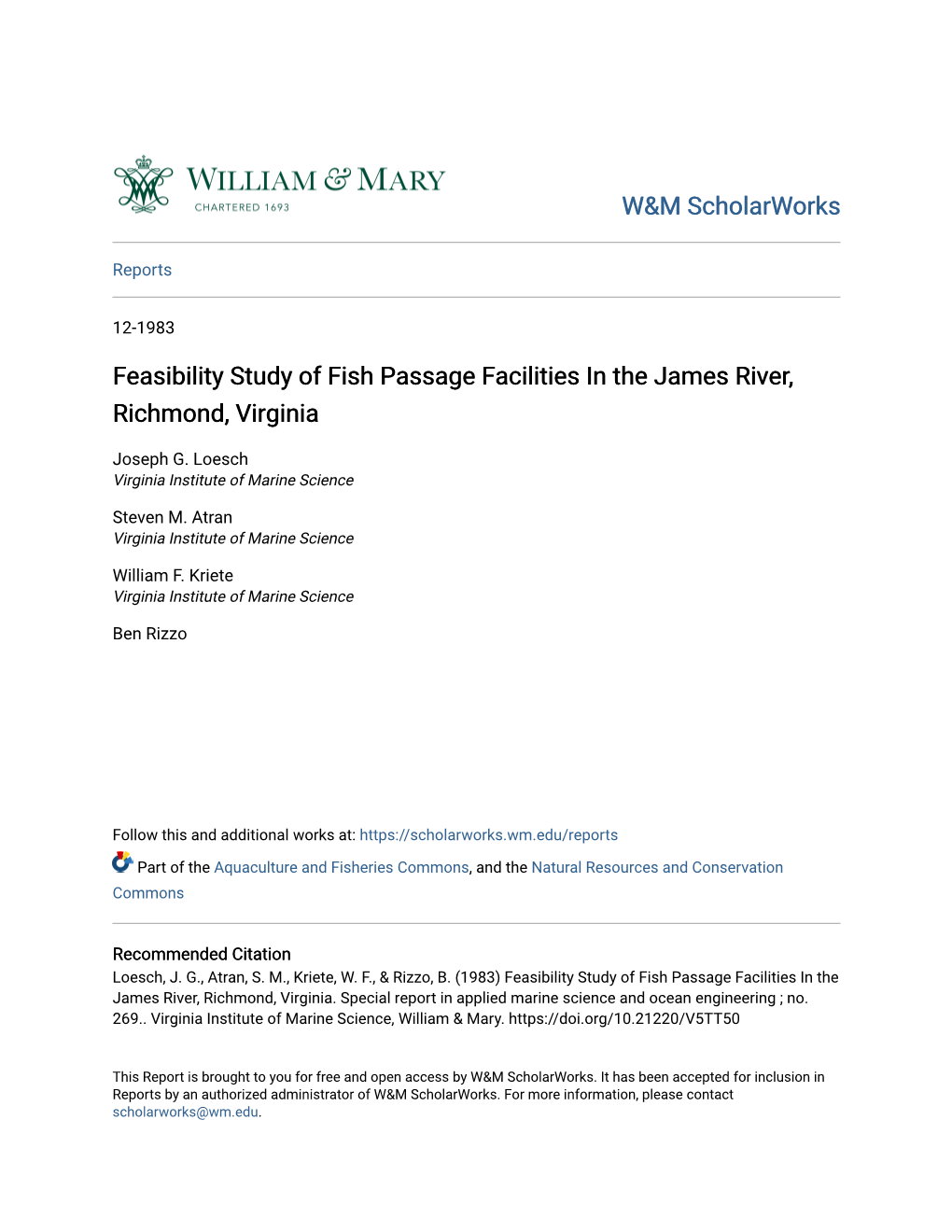 Feasibility Study of Fish Passage Facilities in the James River, Richmond, Virginia