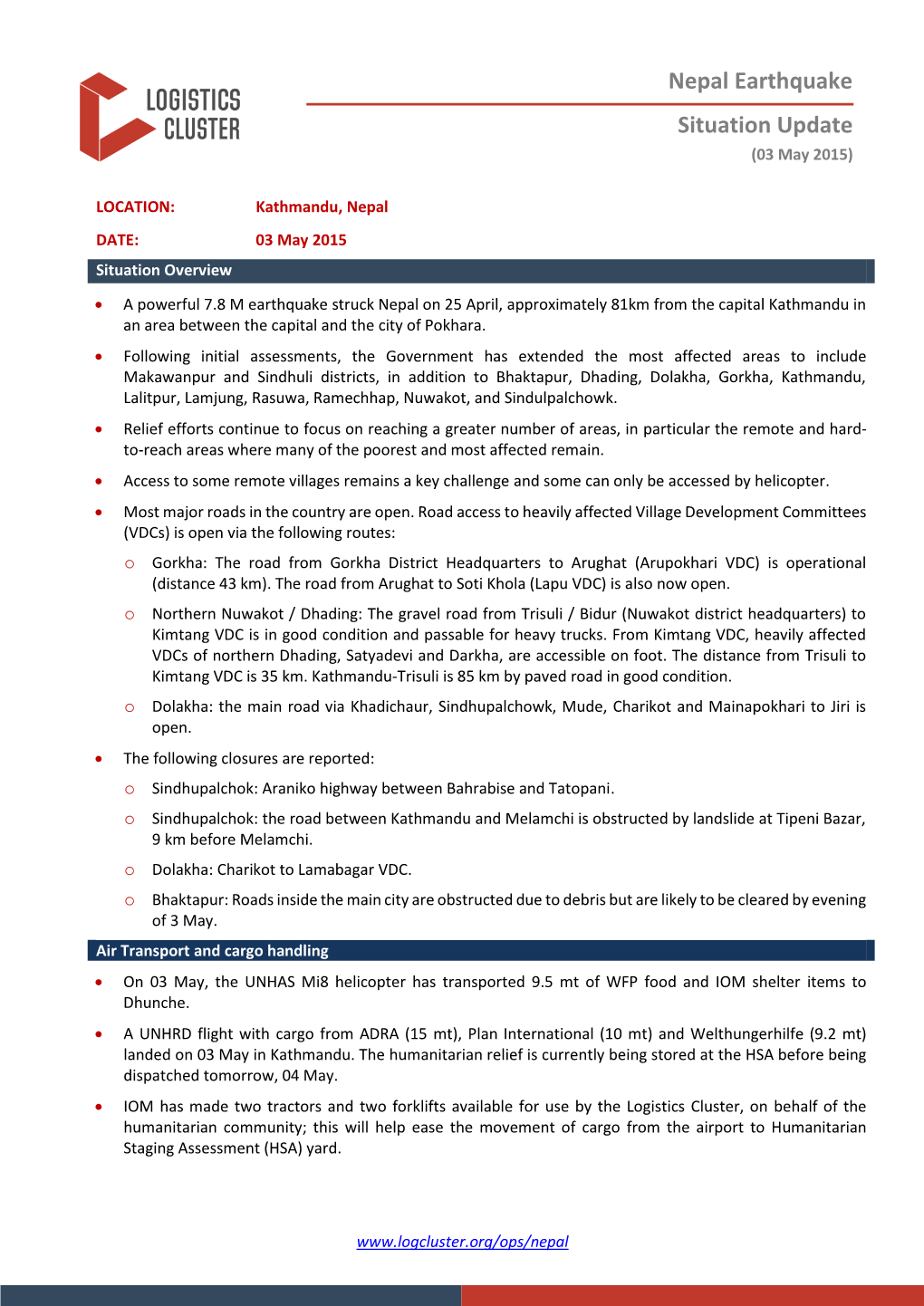 Nepal Earthquake Situation Update (03 May 2015)