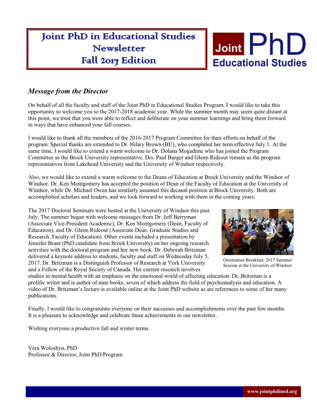 Joint Phd in Educational Studies Newsletter Fall 2017 Edition