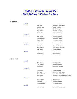 USILA Is Proud to Present the 2009 Division I All-America Team