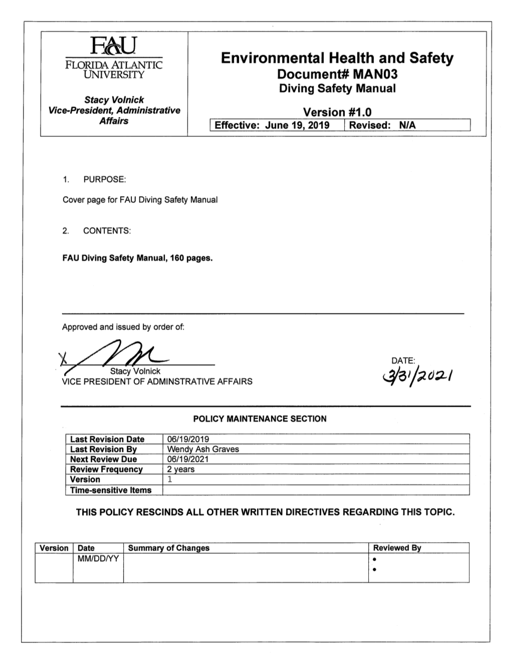 MAN03 – Diving Safety Manual – V1 SIGNATURE PAGE