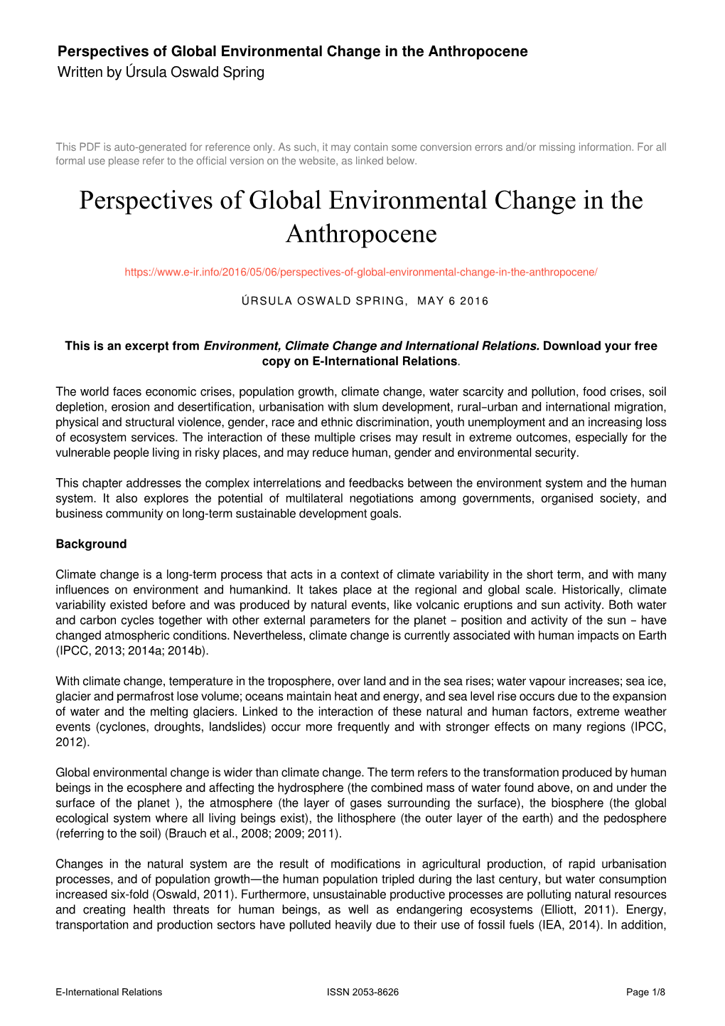Perspectives of Global Environmental Change in the Anthropocene Written by Úrsula Oswald Spring
