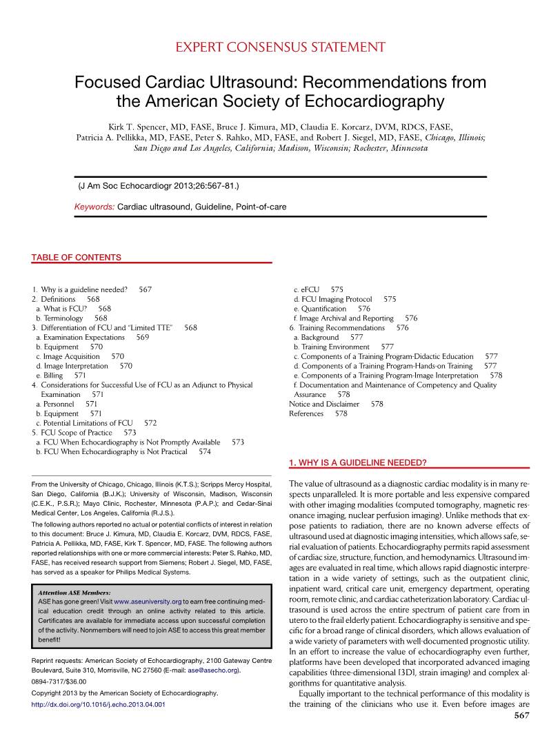 Focused Cardiac Ultrasound: Recommendations from the American Society of Echocardiography