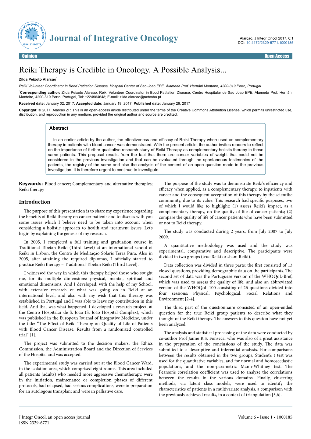 Reiki Therapy Is Credible in Oncology. a Possible Analysis