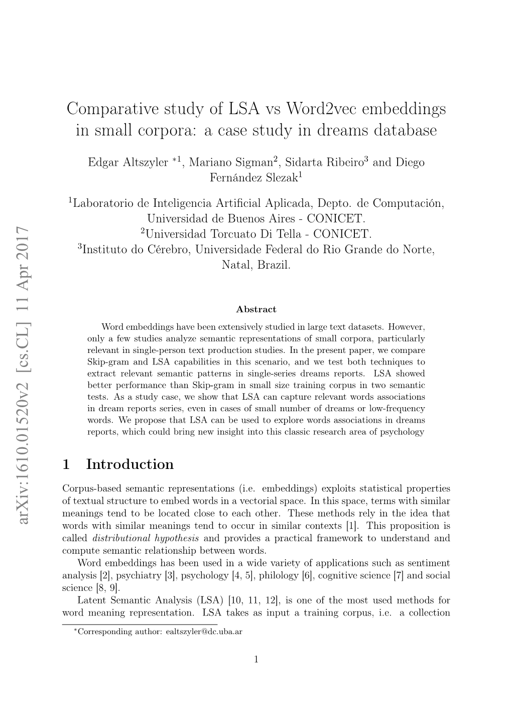 Comparative Study of LSA Vs Word2vec Embeddings in Small Corpora: a Case Study in Dreams Database