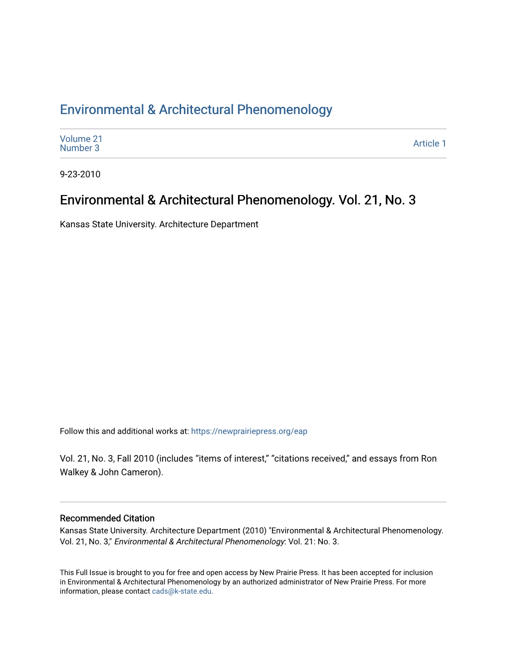 Environmental & Architectural Phenomenology. Vol. 21, No. 3