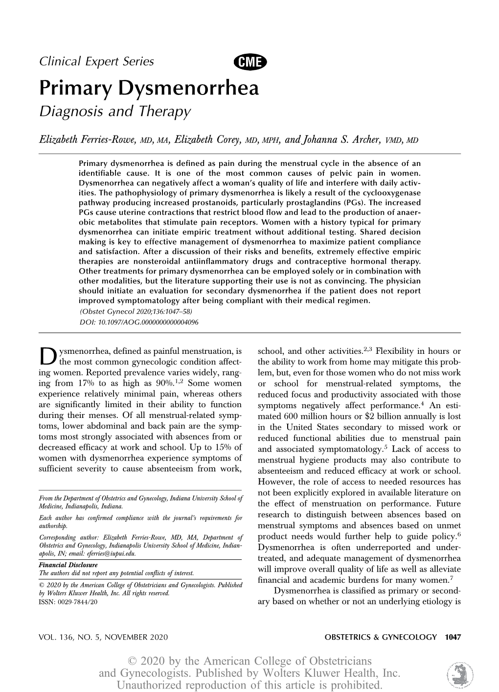 Primary Dysmenorrhea Diagnosis and Therapy