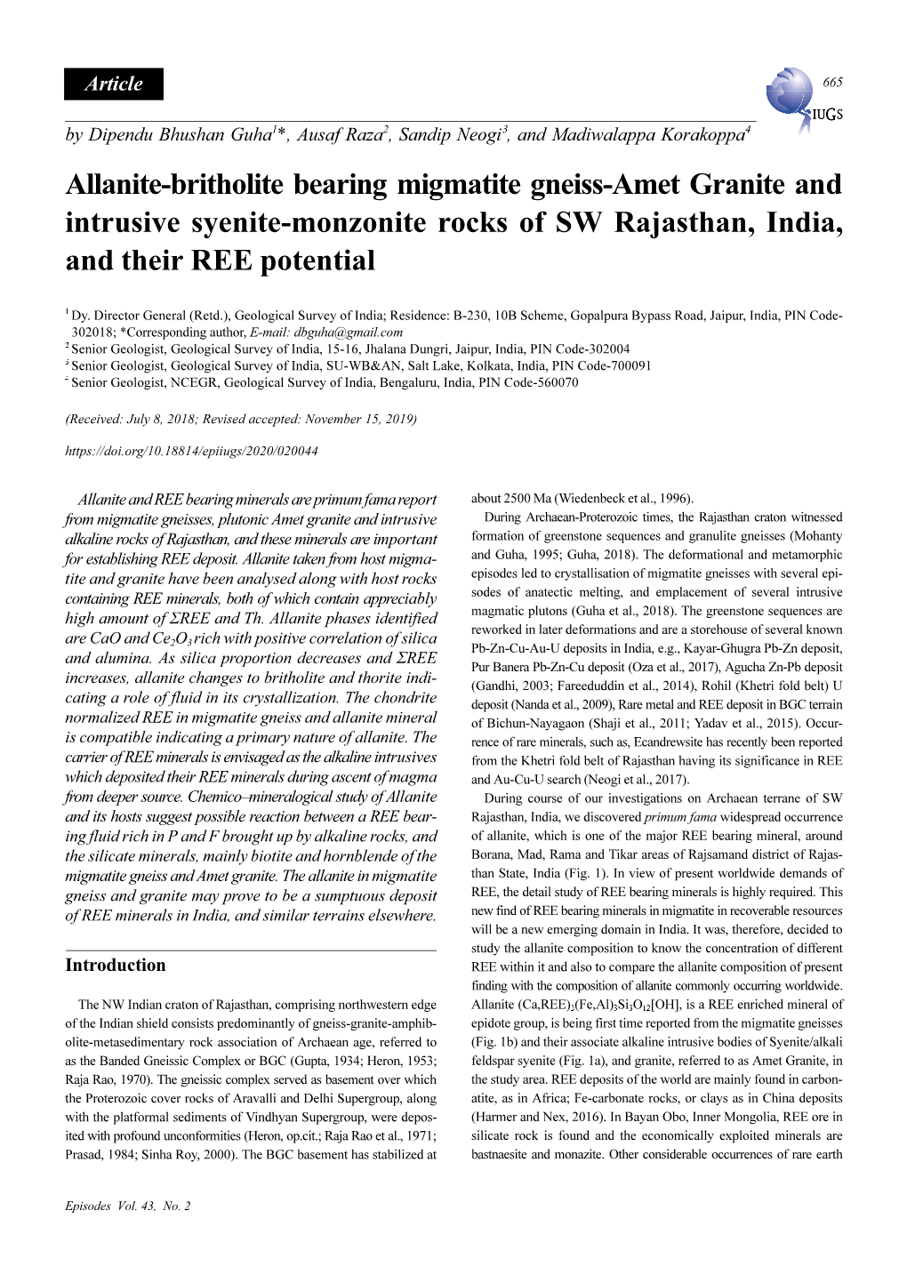 Allanite-Britholite Bearing Migmatite Gneiss-Amet Granite and Intrusive Syenite-Monzonite Rocks of SW Rajasthan, India, and Their REE Potential