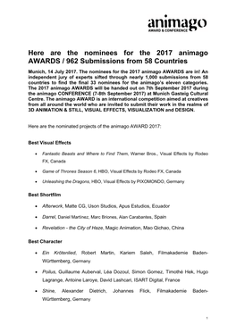 Here Are the Nominees for the 2017 Animago AWARDS / 962 Submissions from 58 Countries Munich, 14 July 2017