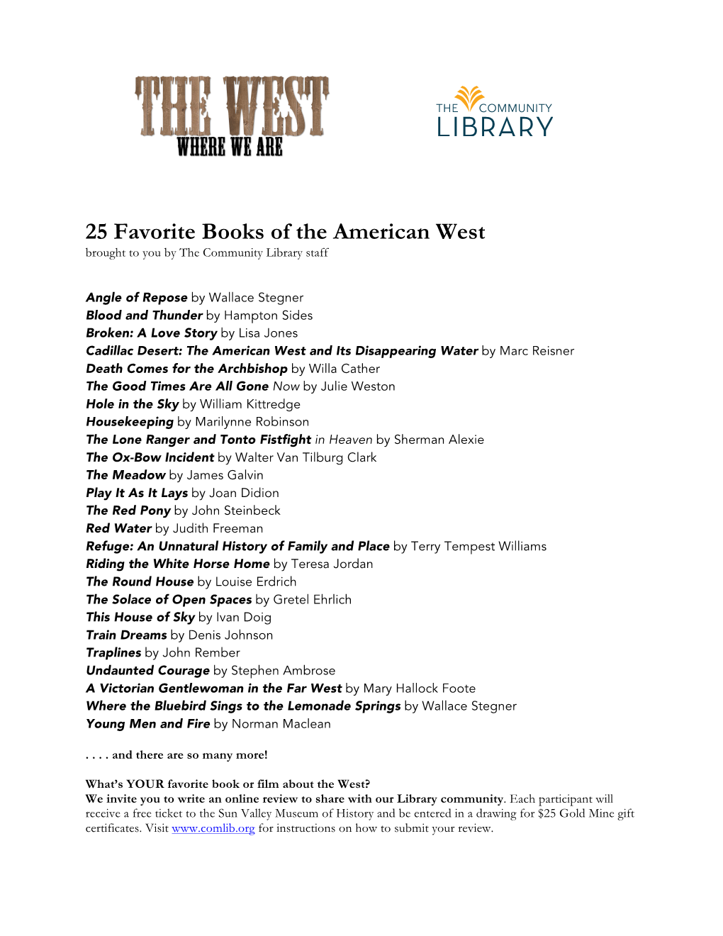 25 Favorite Books of the American West Brought to You by the Community Library Staff