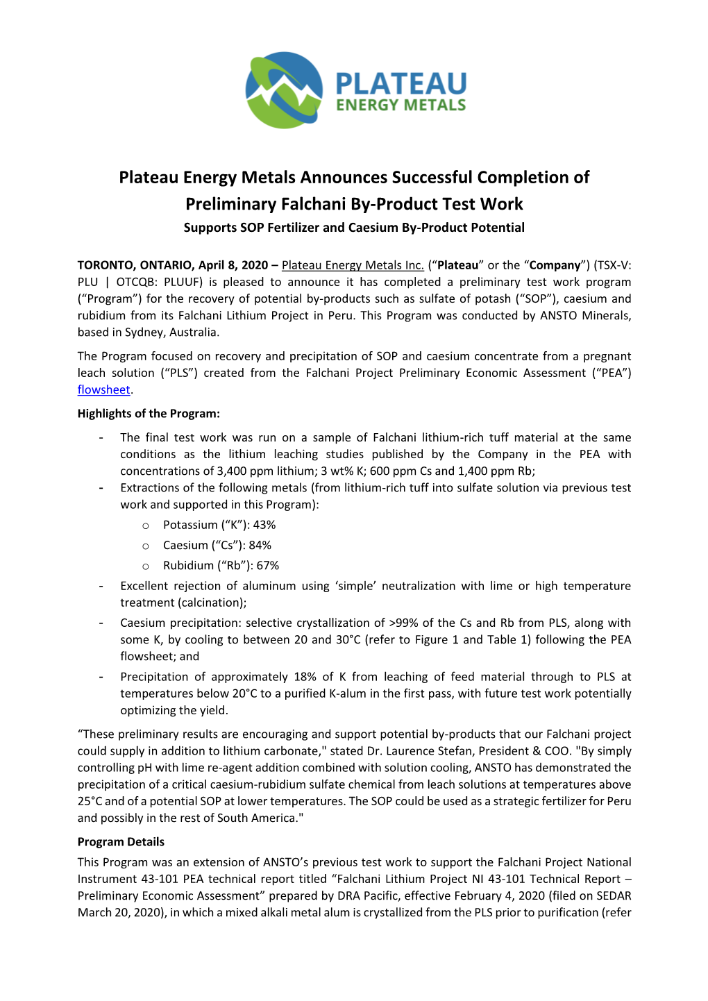 Plateau Energy Metals Announces Successful Completion of Preliminary Falchani By-Product Test Work Supports SOP Fertilizer and Caesium By-Product Potential