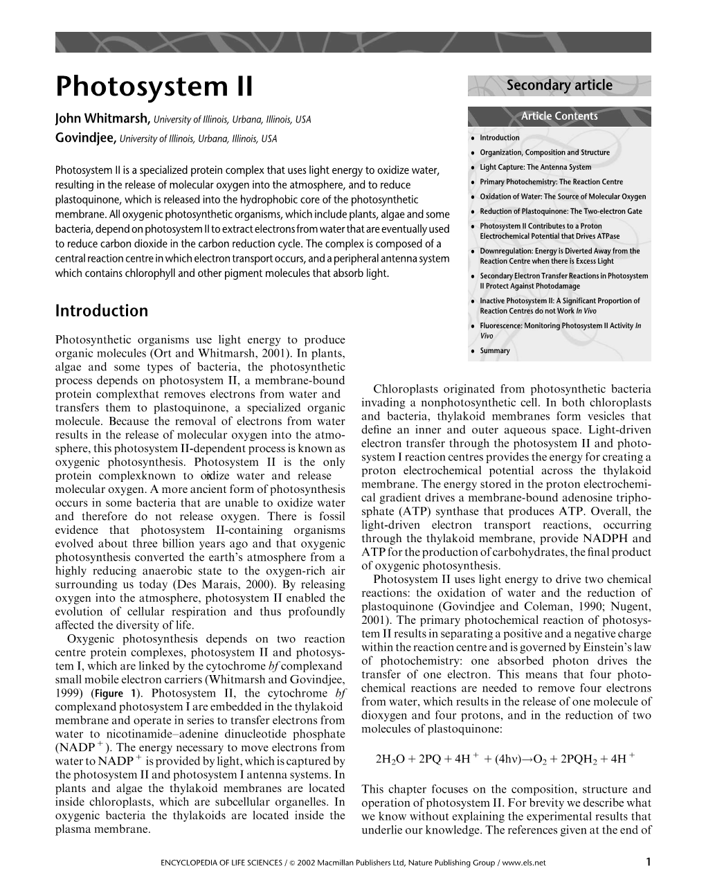 Photosystem II Secondary Article