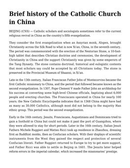 Brief History of the Catholic Church in China
