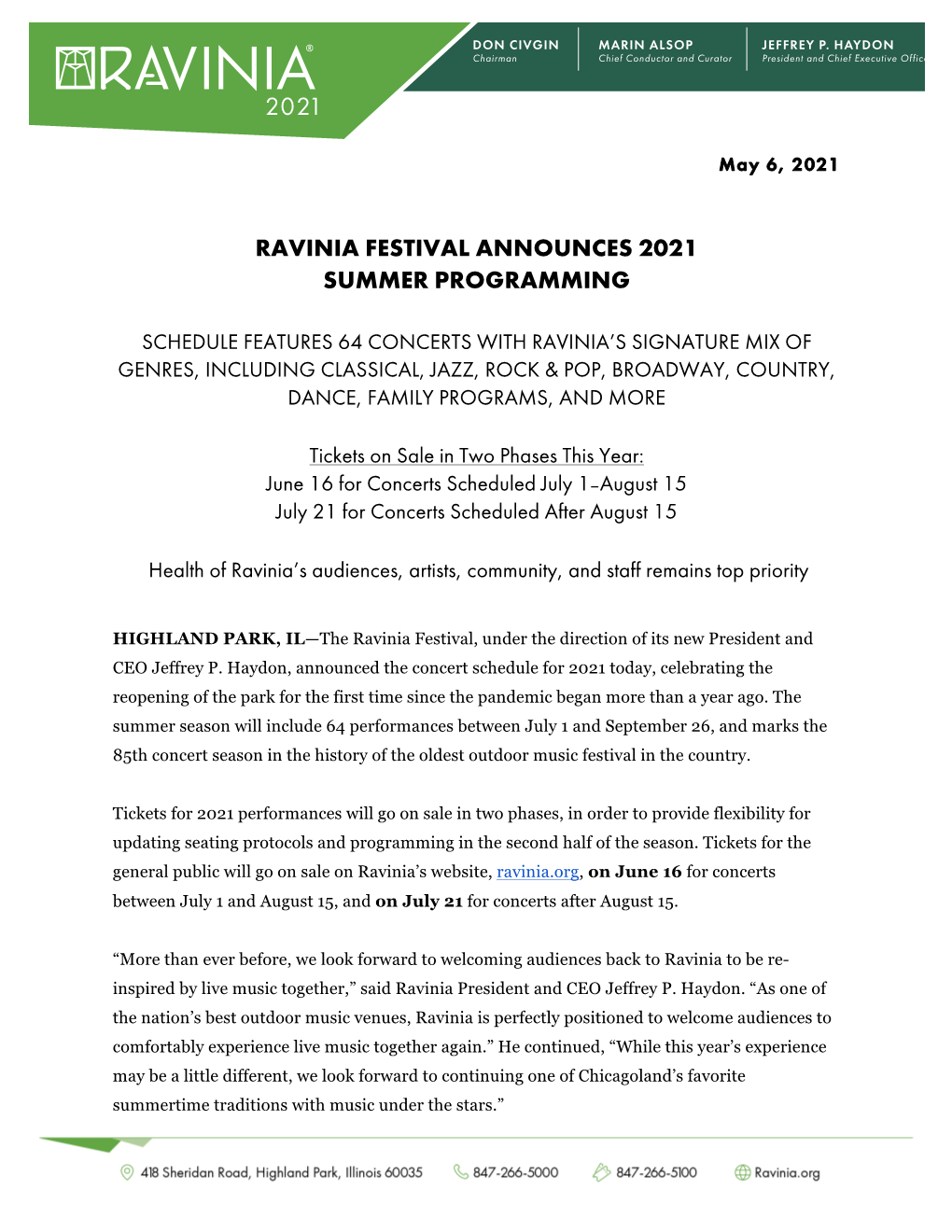 Ravinia Festival Announces 2021 Season