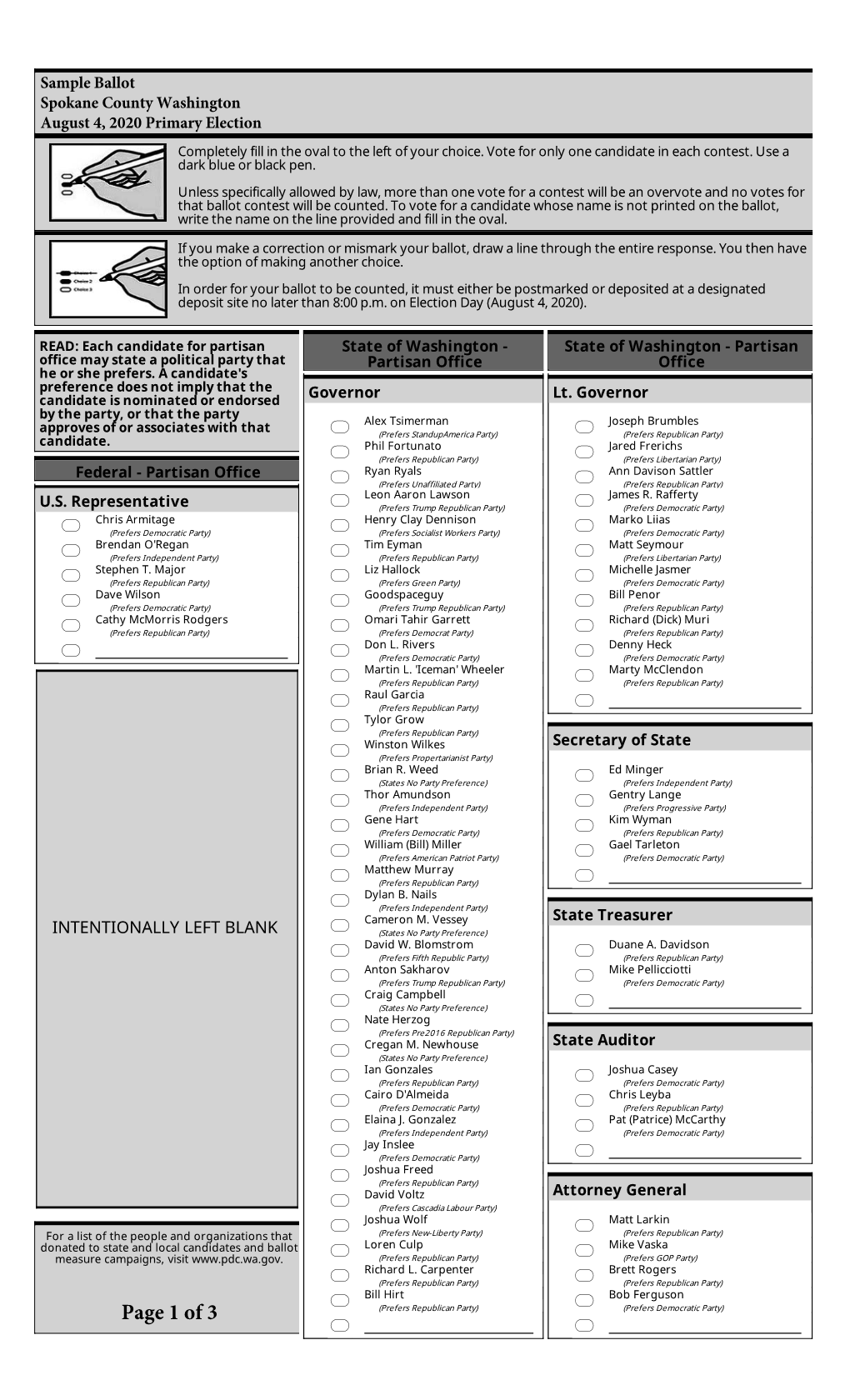 Sample Ballot Spokane County Washington August 4, 2020 Primary Election Completely Fill in the Oval to the Left of Your Choice