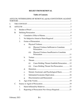 February 2021 Bi RELIEF from REMOVAL Table of Contents ASYLUM, WITHHOLDING of REMOVAL and the CONVENTION AGAINST TORTURE