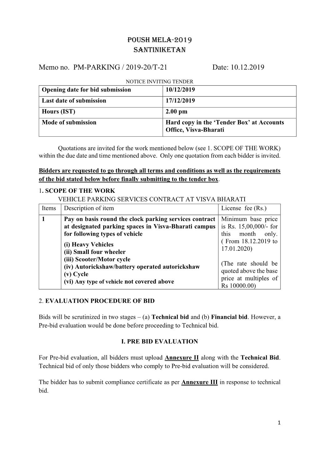 POUSH MELA-2019 SANTINIKETAN Memo No. PM-PARKING / 2019-20