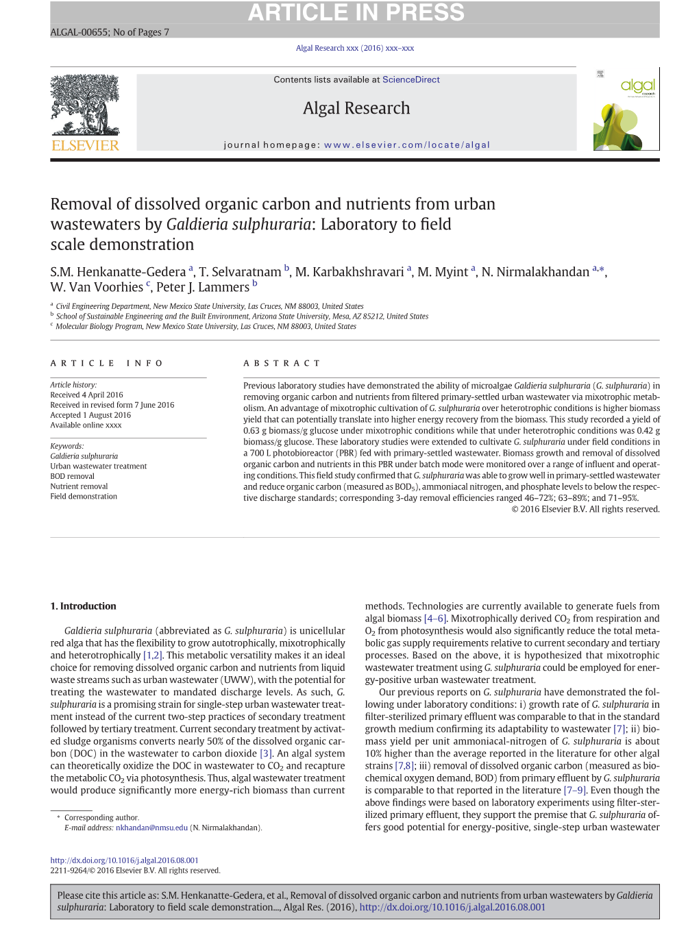 Removal of Dissolved Organic Carbon and Nutrients from Urban Wastewaters by Galdieria Sulphuraria: Laboratory to ﬁeld Scale Demonstration