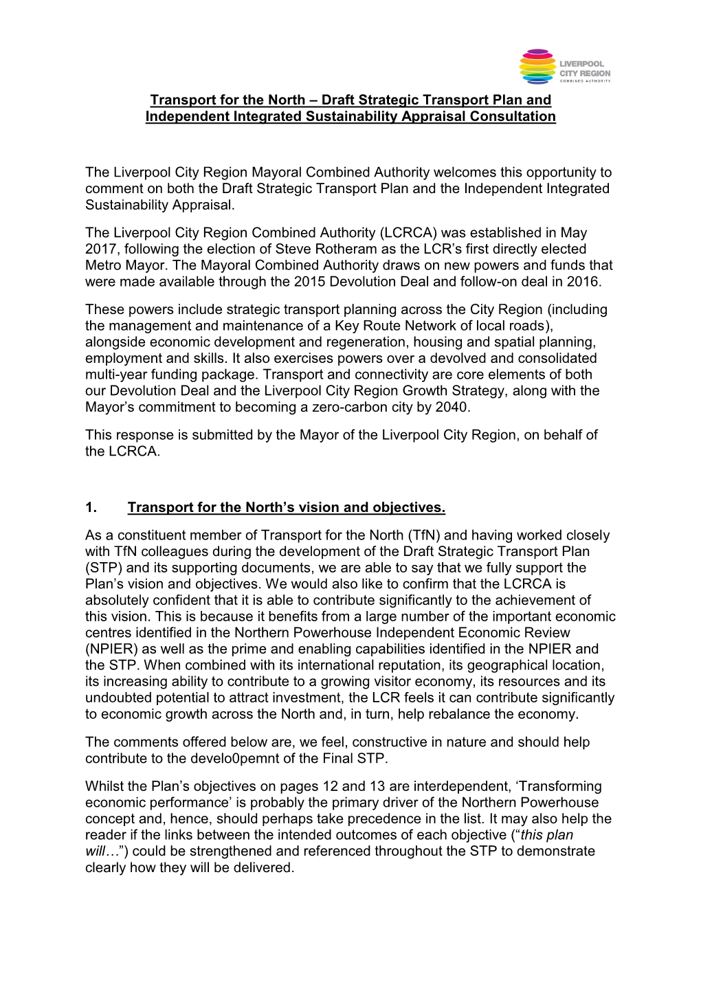 Transport for the North – Draft Strategic Transport Plan and Independent Integrated Sustainability Appraisal Consultation