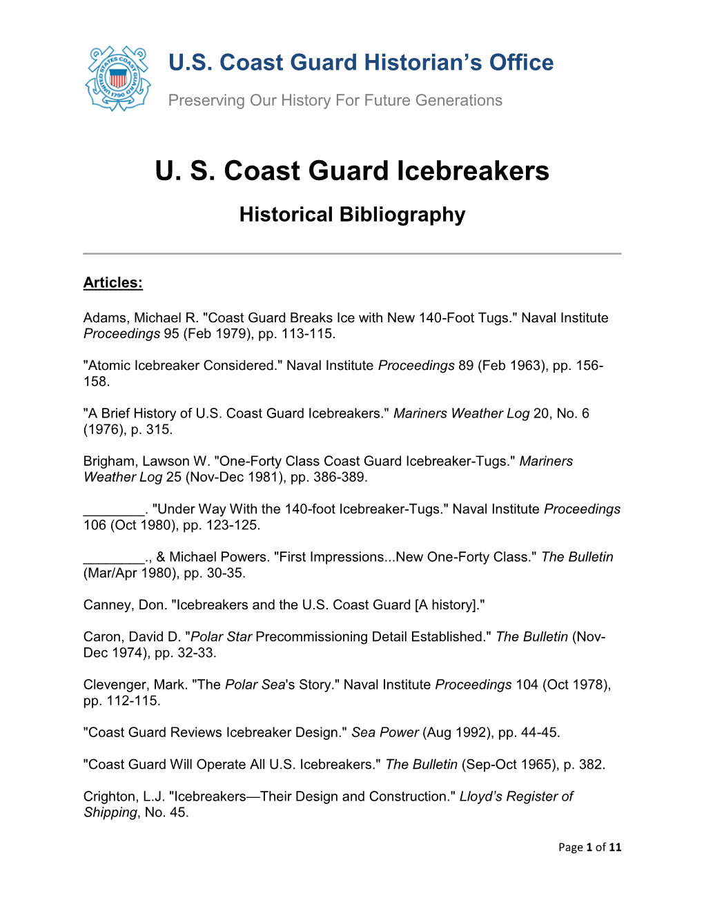 U. S. Coast Guard Icebreakers Historical Bibliography