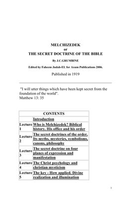 MELCHIZEDEK Or the SECRET DOCTRINE of the BIBLE