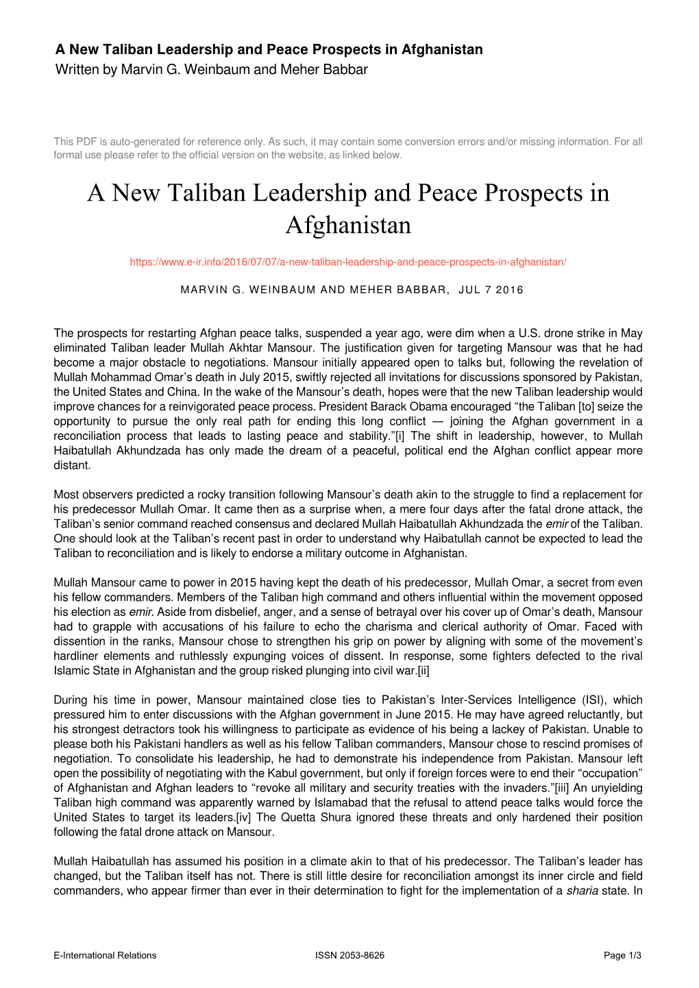 A New Taliban Leadership and Peace Prospects in Afghanistan Written by Marvin G