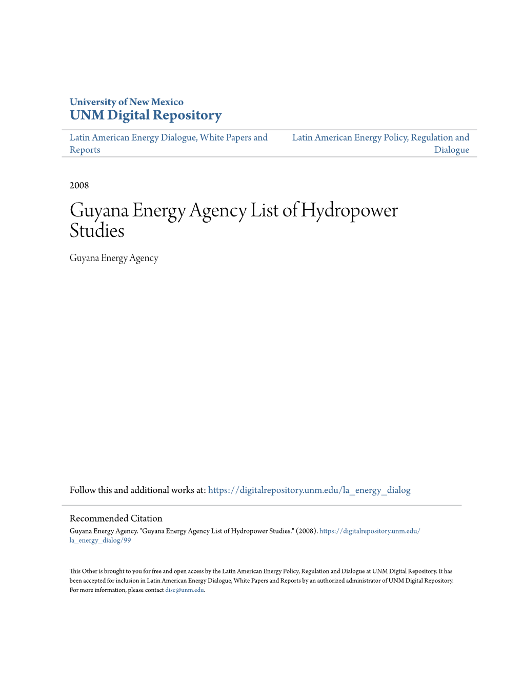 Guyana Energy Agency List of Hydropower Studies Guyana Energy Agency