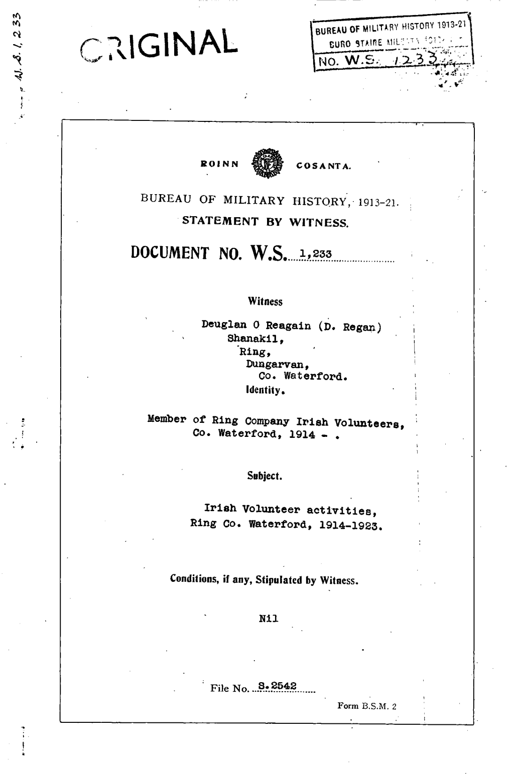 ROINN COSANTA. BUREAU of MILITARY HISTORY, 1913-21. STATEMENT by WITNESS. DOCUMENT NO. WS 1.233 Witness Deuglan O Reagain