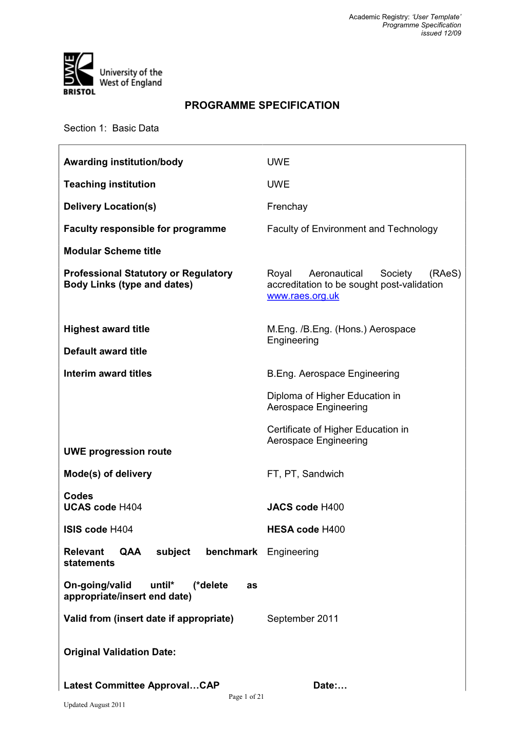 Programme Specification Issued 12/09