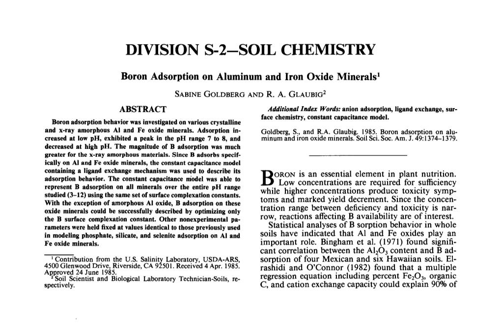(1985) Boron Adsorption on Aluminum and Iron Oxide Minerals