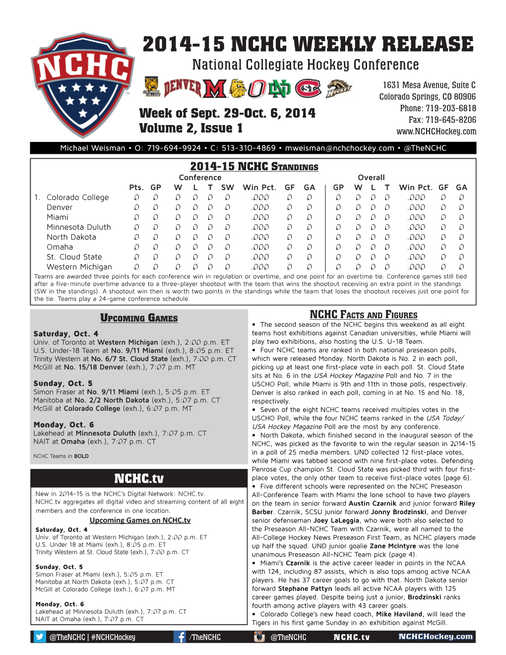 2014-15 NCHC Weekly Release National Collegiate Hockey Conference 1631 Mesa Avenue, Suite C Colorado Springs, CO 80906 Phone: 719-203-6818 Week of Sept