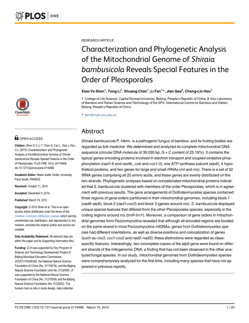 Characterization and Phylogenetic Analysis of the Mitochondrial Genome of Shiraia Bambusicola Reveals Special Features in the Order of Pleosporales