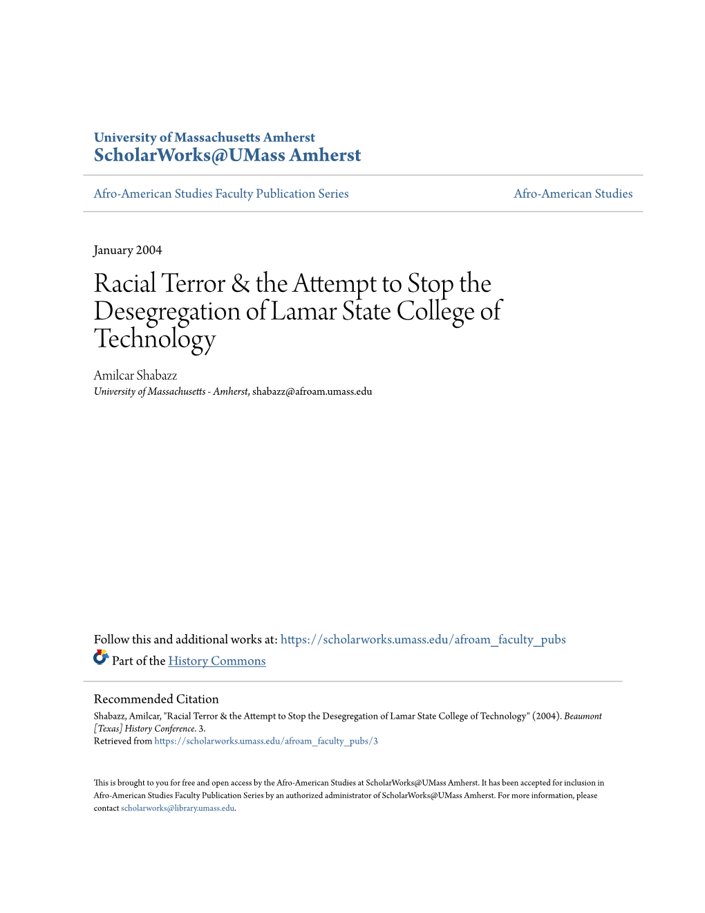 Racial Terror & the Attempt to Stop the Desegregation of Lamar State College of Technology